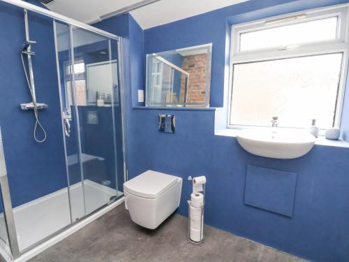 a blue bathroom with a toilet and a sink at Oneofour in Chester