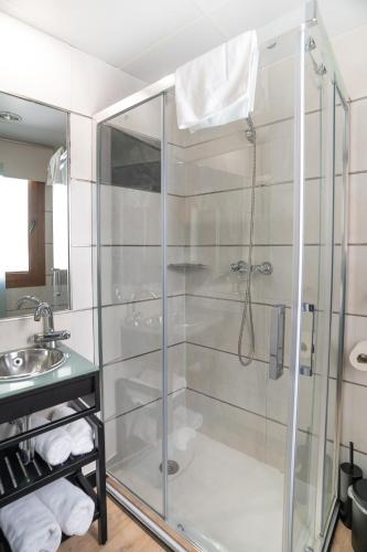 a glass shower in a bathroom with a sink at Hotel Boutique Puerta de las Granadas in Granada