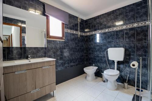 uma casa de banho com um WC, um lavatório e um espelho. em Guest House Ribeirinho - Alojamento local em Miranda do Corvo