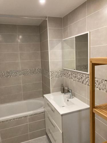 une salle de bain avec un lavabo et une baignoire dans l'établissement T3 central et paisible à Annecy, à Annecy