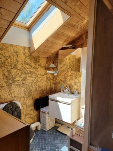 a bathroom with a sink and a skylight at Au chant des oiseaux in Rochefort