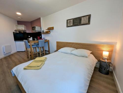1 Schlafzimmer mit einem großen Bett und einer Küche in der Unterkunft Concept Appart'Hôtel - 202 in Saint-Brieuc