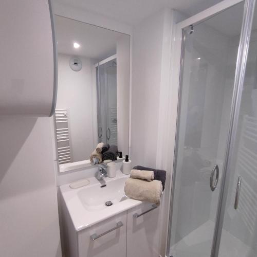 a white bathroom with a sink and a shower at A 10 min de Rouen - Le Rollon in Déville-lès-Rouen
