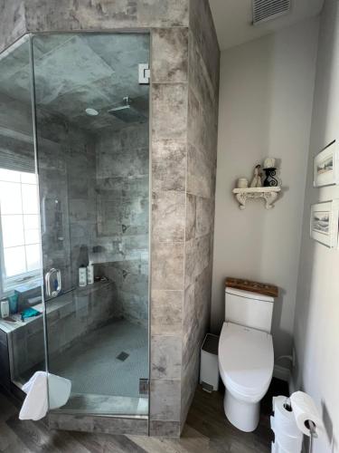 a bathroom with a toilet and a glass shower at Lady MacDonald Country Inn in Canmore