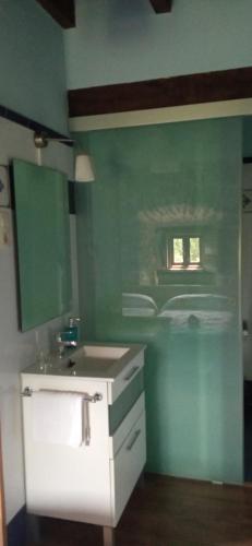 a green bathroom with a sink and a mirror at La Casona de Candamín in Candamo