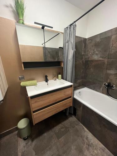a bathroom with a sink and a bath tub and a bath tub at Sofia Apartment & Zimmer in Sillweg