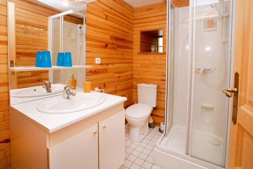 a bathroom with a toilet and a sink and a shower at La Mancellière de Montjoie chambre d'hôtes Constellation in Saint-Michel-de-Montjoie