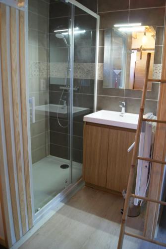 a bathroom with a glass shower and a sink at Le Domaine de la Claire Fontaine gites & chambres d'hôtes avec spas privatifs in Montvalent