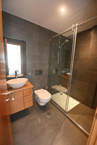 a bathroom with a toilet and a sink and a shower at BICOS ao MAR in Rianjo