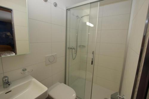 W łazience znajduje się prysznic, toaleta i umywalka. w obiekcie Hotel Restaurant Sonnenberg w mieście Mürren