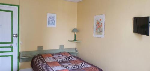 1 dormitorio con 1 cama y TV en la pared en Le Continental, en Vittel