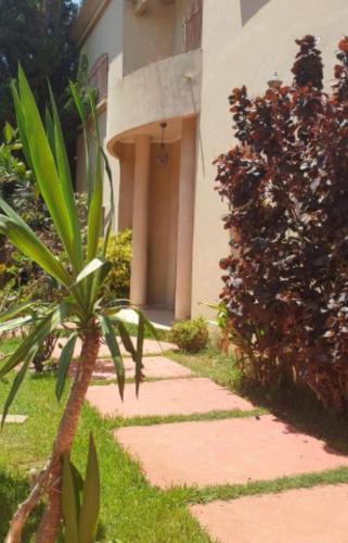 a house with a palm tree next to a sidewalk at Lhaja home in Casablanca