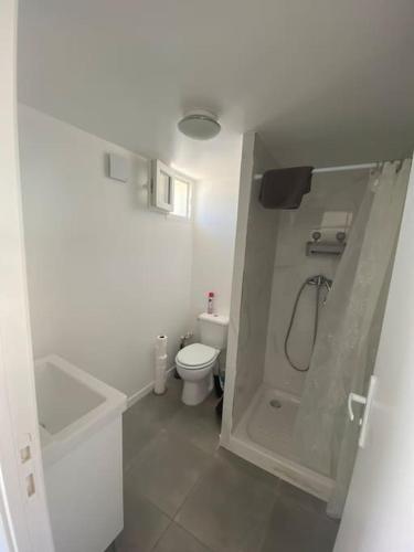 une salle de bain blanche avec douche et toilettes dans l'établissement Appartement T2 proche de l’aéroport CDG et Paris, à Claye-Souilly