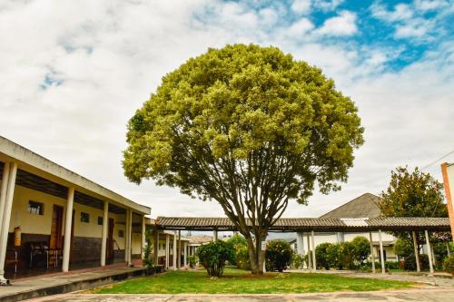 a tree in front of a building at Hotel Villa Vianney in Paipa