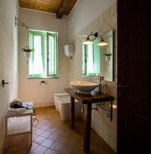 a bathroom with a sink and a toilet and a mirror at Lo Smarrino agriturismo in Gubbio