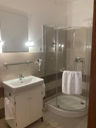 a bathroom with a shower and a sink and a toilet at Cédrus apartman in Pécel