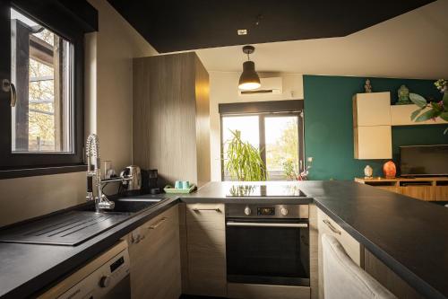 a kitchen with a sink and a stove top oven at LE COTTAGE Zen LOVE in Foucherans