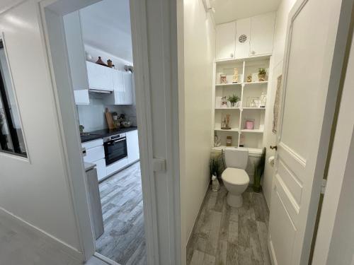 Il comprend une cuisine et une salle de bains pourvue de toilettes. dans l'établissement Appartement 2 pièces élégant proche Porte de Versailles, à Paris