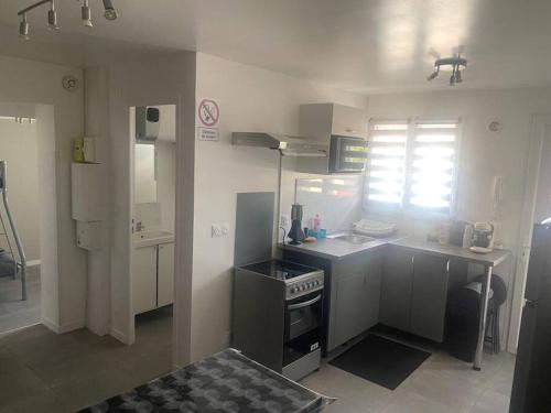 Il comprend une petite cuisine équipée d'une cuisinière et d'un évier. dans l'établissement Cosy T2 près aéroport CDG Disney, à Claye-Souilly