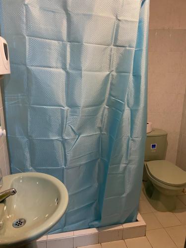 a bathroom with a blue shower curtain and a toilet at Cabaña con excelente ubicación y zona verde. in Iza