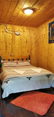 a bed in a wooden room with a red rug at La Cabana in Băile Herculane
