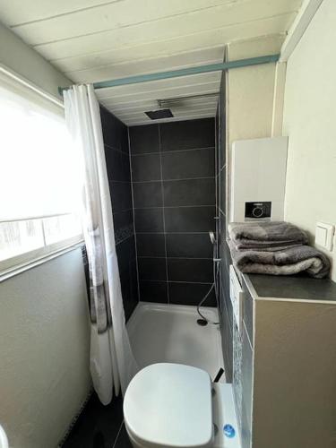a small bathroom with a toilet and a shower at Romantische Holzhütte für zwei 