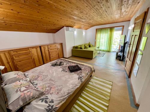 1 dormitorio con 1 cama y 1 sofá verde en Villa MAXIMILIYAN, en Albena