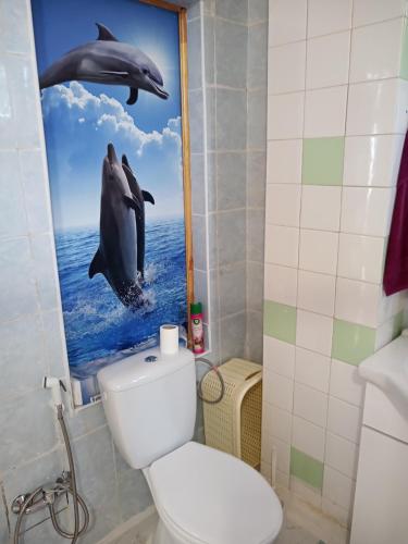a bathroom with two dolphins jumping in the water at Balaton Panorama in Balatonfüred