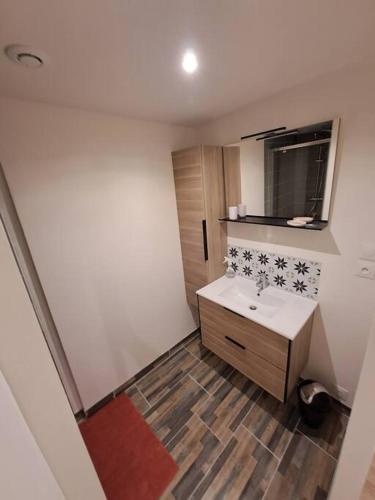 une salle de bain avec un lavabo et un miroir dans l'établissement Maisonnette à 1 km de la plage, à Berck-sur-Mer