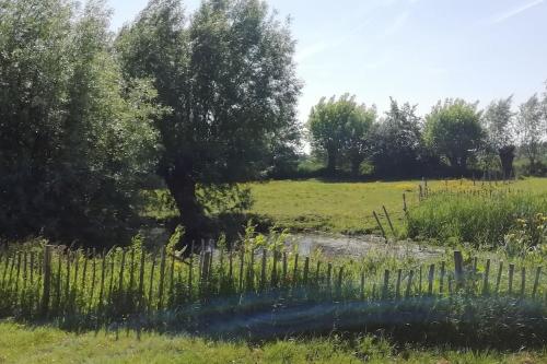 a field with a tree and a fence at Dreve 14 - bovenverdieping in Staden