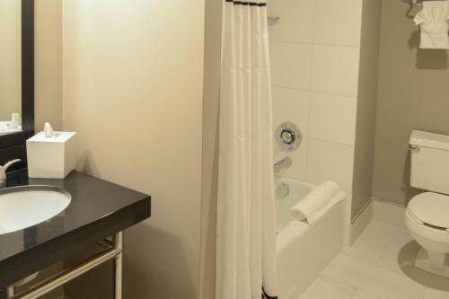 a bathroom with a toilet and a sink and a shower at Magnolia Hotel St. Louis, a Tribute Portfolio Hotel in Saint Louis