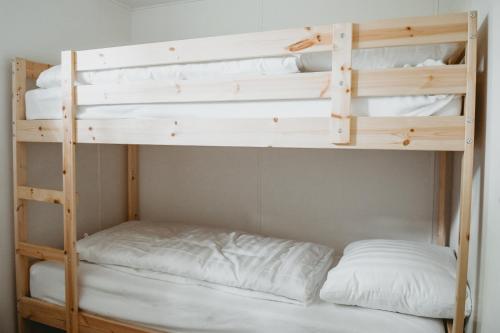 ランアーケンにあるBoshuisje Rekem - Rivusの二段ベッドの下段に白い枕が備わります。