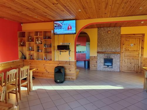 a living room with a fireplace and a tv at Kaķumuiža in Ikšķile