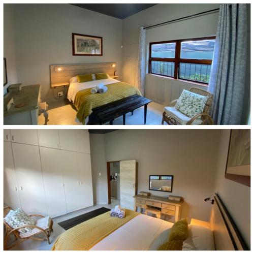 two pictures of a bedroom with a bed and a living room at Mabel View in Cape Town
