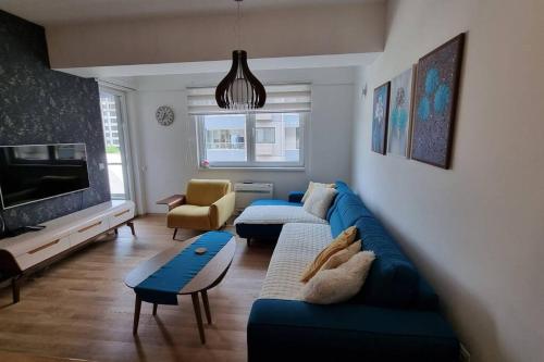 ein Wohnzimmer mit einem blauen Sofa und einem TV in der Unterkunft The Urban Utopia in Skopje