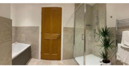 y baño con ducha, bañera y puerta trasera de ducha. en Burwood House 