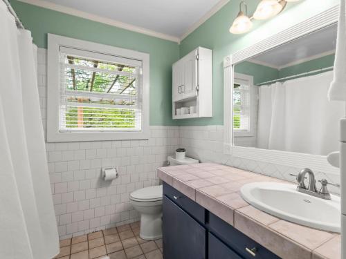 a bathroom with a sink and a toilet and a window at Honeysuckle Hideaway in Fayetteville