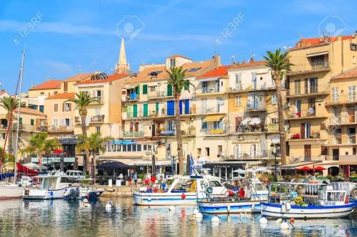 un groupe de bateaux amarrés dans un port avec des bâtiments dans l'établissement Magnifique studio en bord de mer, à Calvi