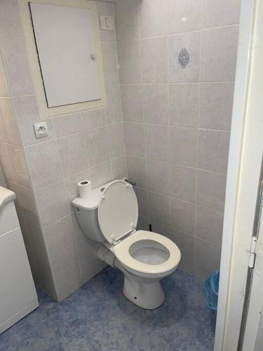 une salle de bain avec des toilettes blanches dans une chambre dans l'établissement Magnifique studio en bord de mer, à Calvi