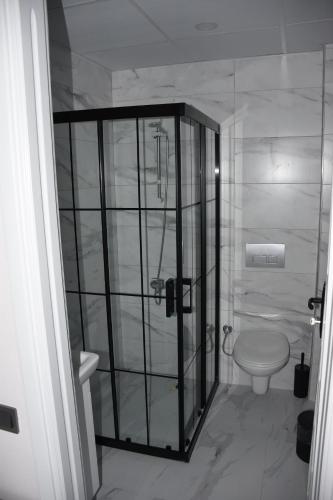 a bathroom with a shower and a toilet at La Sorella in Dalyan