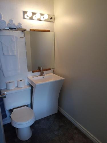La salle de bains est pourvue de toilettes blanches et d'un lavabo. dans l'établissement Cardston Inn, à Cardston