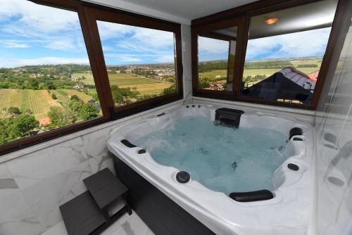bagno con vasca e 2 finestre di Kuća za odmor Orly, jacuzzi, sauna, prekrasan pogled a Ludbreg