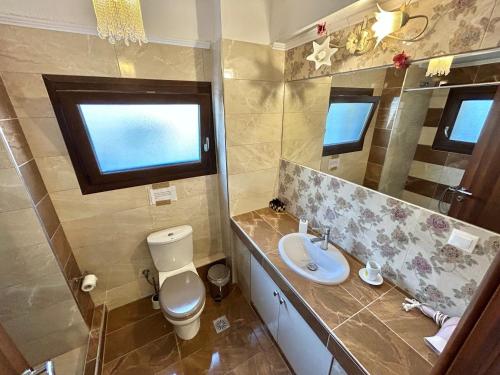 a bathroom with a toilet and a sink and a mirror at Sea View Villa in Kallithea Halkidikis