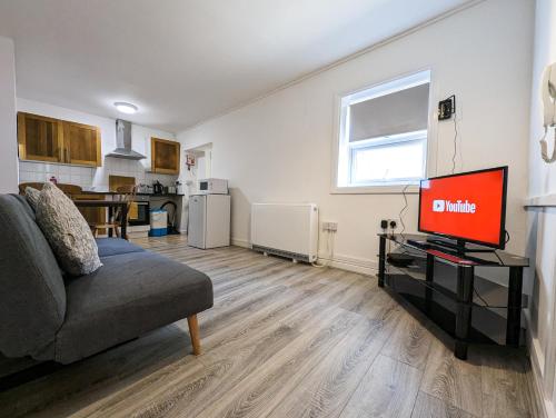 un soggiorno con divano e TV a schermo piatto di Cozy Central Apartments - with Private Kitchens & Bathrooms a Portsmouth