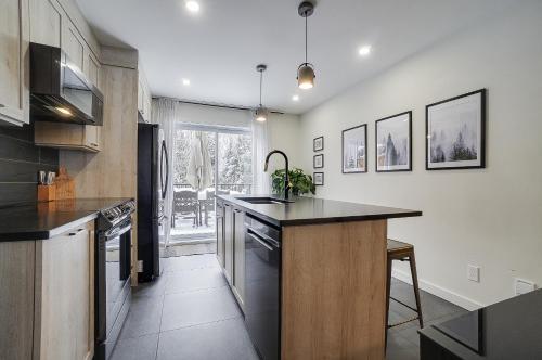 a kitchen with a counter and a sink in it at Le Sous-Bois 1320 in Mont-Blanc