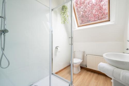 een badkamer met een douche, een toilet en een wastafel bij Idéal Famille: Jardin, Proche Commerces & Plage in Bray-Dunes