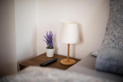 a table with a lamp and a remote control on it at Apartmány Slavíkov - Simple Suite in Horní Radechová