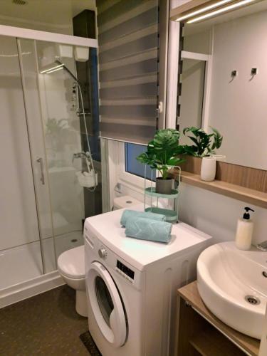 a bathroom with a washing machine next to a toilet at Naomi Amelie in Jezera