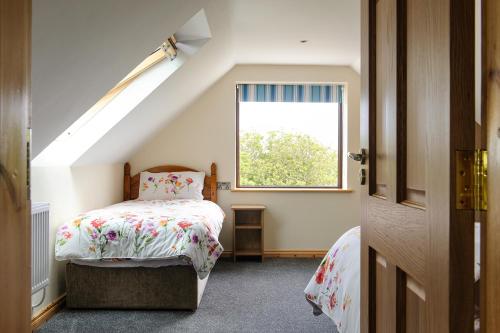 Habitación pequeña con cama y ventana en Honeysuckle Cottage en Renvyle