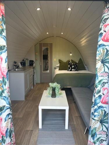 a room with a bed and a couch and a table at The Garden Pod with Private Hot Tub in Ballymagan